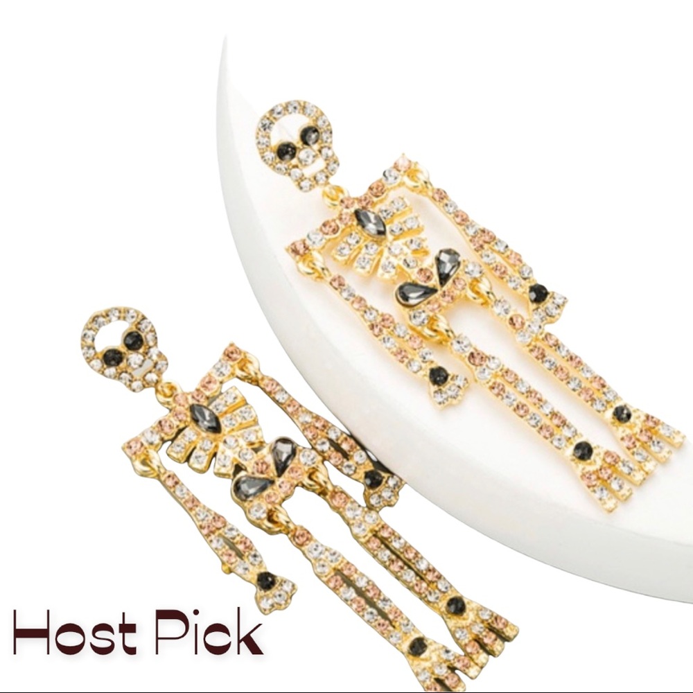 Skull Skeleton Alloy Inlaid Rhinestone 3" Earrings - Picture 1 of 4